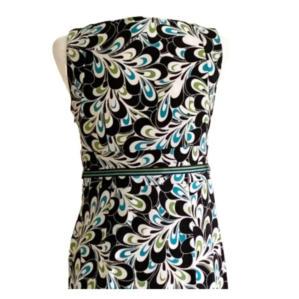 LOFT Dress Brown Blue Green Floral Sleeveless Ribbon Belted Dress Size 6